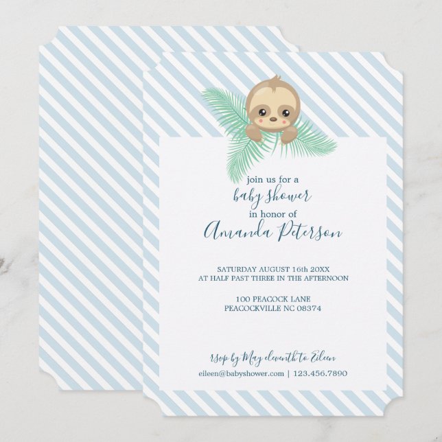 Blue Happy Baby Sloth Baby Shower Invitation (Front/Back)