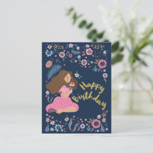 Blue Happy Birthday Lady Floral Flowers Postcard