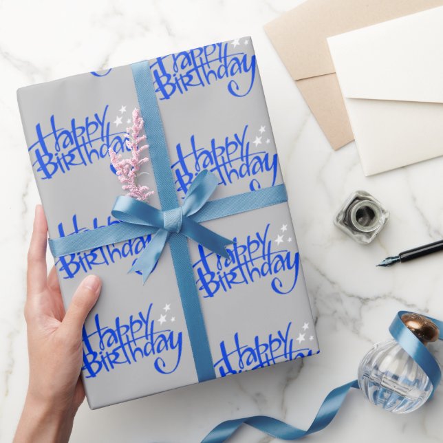 Blue Happy Birthday on Grey Wrapping Paper (Gifting)
