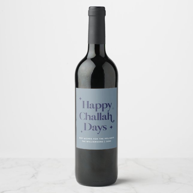 Blue Happy Challah Days Funny Hanukkah Holiday Wine Label (Front)