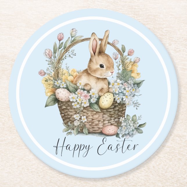 Blue Happy Easter Bunny Round Paper Coaster (Front)
