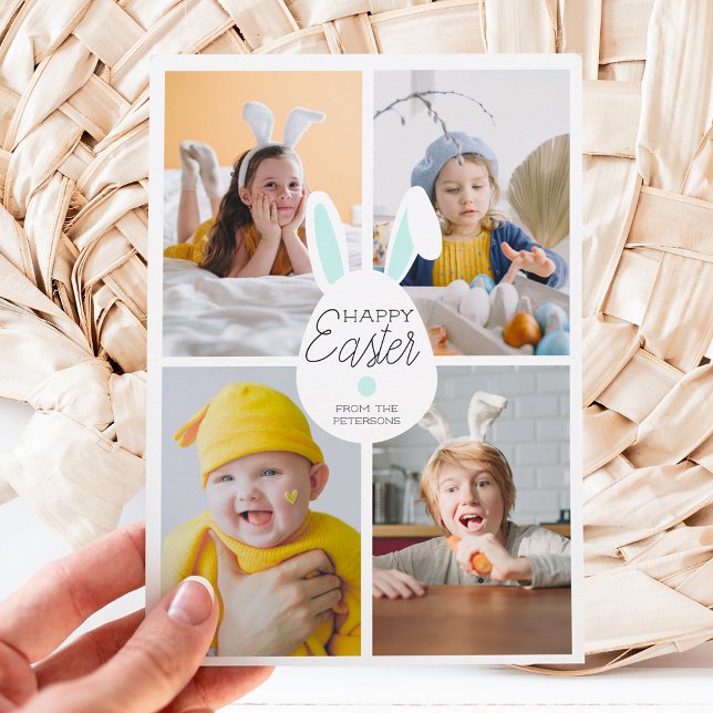 Blue happy Easter ears eggs 4 photos collage Holiday Card (Creator Uploaded)