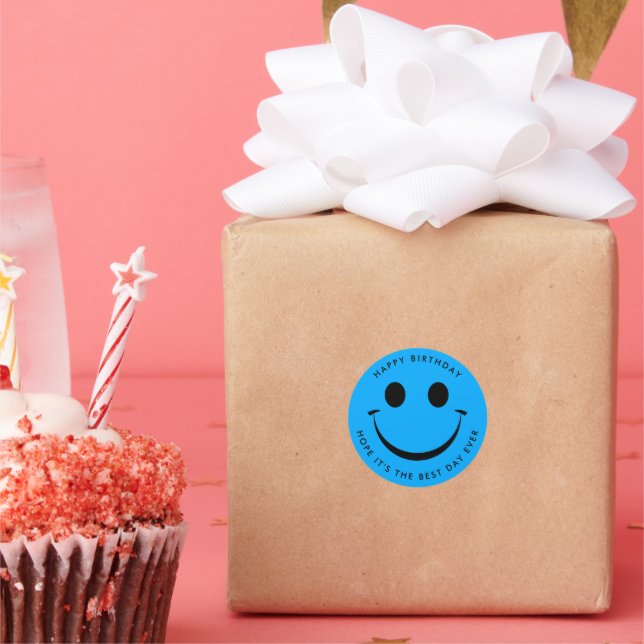 Blue Happy Face Birthday Classic Round Sticker (Party)