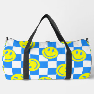 blue happy face check groovy duffle bag