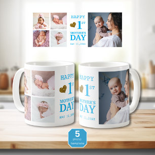 Blue Happy First Mother's Day 5 Photo Collage Coffee Mug