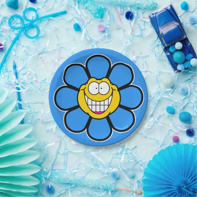 Blue Happy Flower Screwball Graphics Paper Plate (Party)