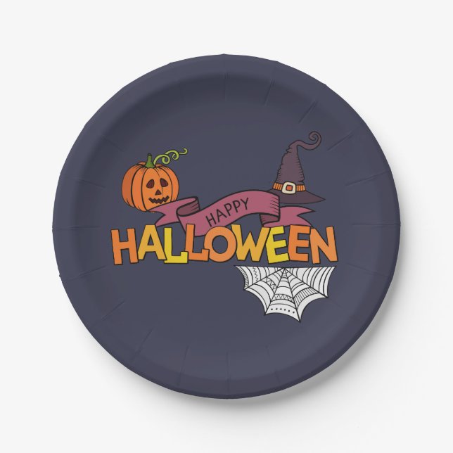 Blue Happy Halloween Greeting Paper Plate (Front)