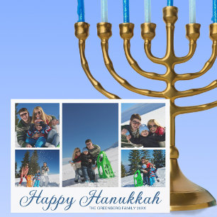 Blue Happy Hanukkah Family Photo Collage Holiday Card