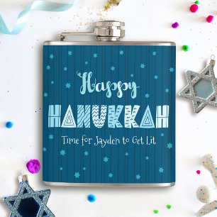 Blue Happy Hanukkah Fun Type Star of David Name Hip Flask