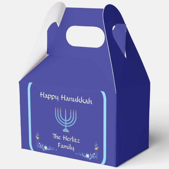 Blue Happy HANUKKAH Menorah Customize NAME Favour Box (Front)