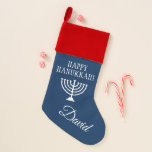 Blue Happy Hanukkah menorah Jewish Holiday Christmas Stocking<br><div class="desc">Blue and white Happy Hanukkah menorah Jewish Holiday Christmas Stocking . Add your own custom name or monogram letters. Personalized sock sack design for him or her. Elegant Holiday decorations with decorative design of religious candle holder symbol.</div>