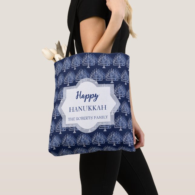 Blue Happy Hanukkah Menorah Pattern Tote Bag (Close Up)