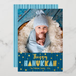 Blue Happy Hanukkah Photo Cute Modern Real Gold<br><div class="desc">“Happy Hanukkah.” Fun, playful, whimsical handcrafted real gold foil and light blue typography, a random gold foil Star of David pattern, and midnight navy blue hand drawn lines overlay a dark teal blue background. Add the photo of your choice and help usher in Hanukkah with this stunning, colourful, personalised real...</div>
