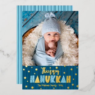 Blue Happy Hanukkah Photo Cute Modern Real Gold