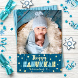 Blue Happy Hanukkah Photo Cute Modern Real Gold<br><div class="desc">“Happy Hanukkah.” Fun, playful, whimsical handcrafted real gold foil and light blue typography, a random gold foil Star of David pattern, and midnight navy blue hand drawn lines overlay a dark teal blue background. Add the photo of your choice and help usher in Hanukkah with this stunning, colourful, personalised real...</div>