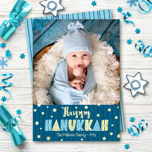Blue Happy Hanukkah Photo Cute Modern Real Gold