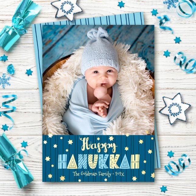 Blue Happy Hanukkah Photo Cute Modern Real Gold (Creator Uploaded)