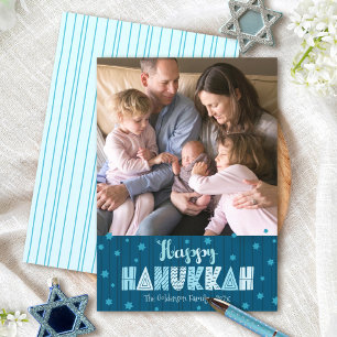 Blue Happy Hanukkah Photo Modern Fun Typography Holiday Card