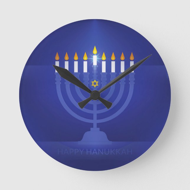 blue happy hanukkah round clock (Front)