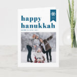 Blue Happy Hanukkah Typography Snowflakes Photo Holiday Card<br><div class="desc">Happy Hanukkah! | Send your holiday wishes with this customisable Hanukkah photo card. It features blue retro bold typography,  simple snowflakes accent and festive pattern. Personalise by adding names,  year and photo. This festive photo Happy Hanukkah card is available in various colours and cardstock.</div>