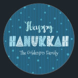 Blue Happy Hanukkah Typography Star David Name   Classic Round Sticker<br><div class="desc">“Happy Hanukkah.” Fun, whimsical handcrafted typography along with a random Star of David pattern in light dusty blues all overlaying midnight navy blue hand drawn lines and a dark teal blue background help you usher in the festival of lights. Feel the warmth and joy of the holiday season whenever you...</div>