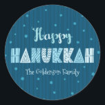 Blue Happy Hanukkah Typography Star David Name Classic Round Sticker<br><div class="desc">“Happy Hanukkah.” Fun, whimsical handcrafted typography along with a random Star of David pattern in light dusty blues all overlaying midnight navy blue hand drawn lines and a dark teal blue background help you usher in the festival of lights. Feel the warmth and joy of the holiday season whenever you...</div>