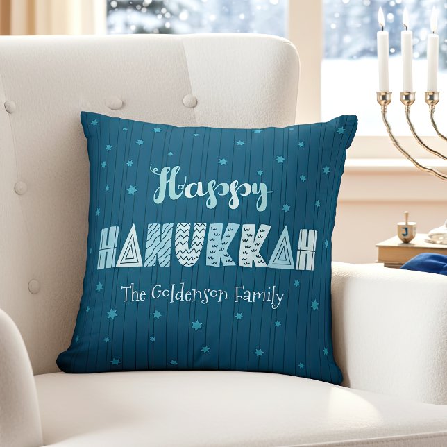 Blue Happy Hanukkah Typography Star of David Name  Cushion (Creator Uploaded)