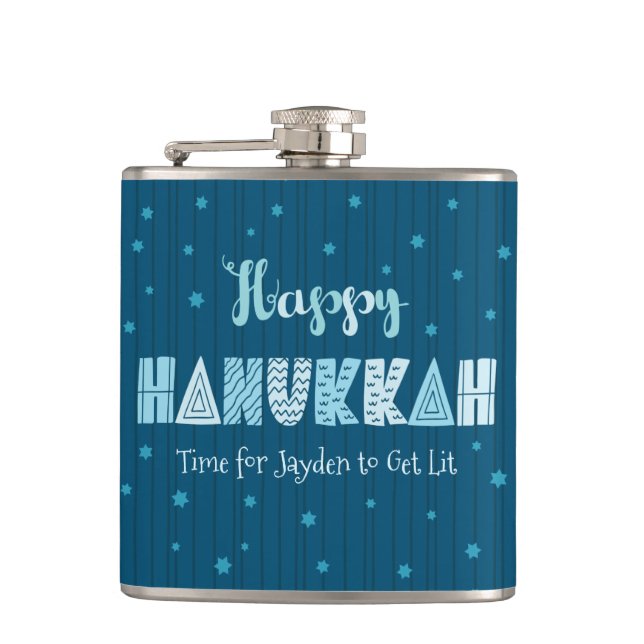 Blue Happy Hanukkah Typography Star of David Name Hip Flask (Front)