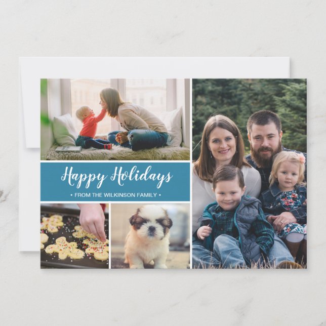 Blue  Happy Holidays Family Photo Christmas Holiday Card (Front)