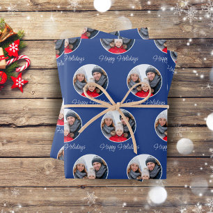 Blue Happy Holidays Family Photo Christmas Wrapping Paper Sheet