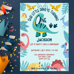 Blue Happy Little Dinosaurs One Boy 1st Birthday Invitation