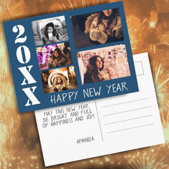 Blue Happy New Year 2026 5 Photo Collage Postcard (Creator Uploaded)