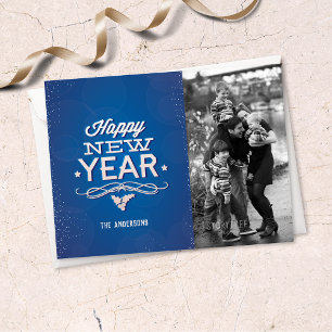 Blue Happy New Year Typography Photo Postcard