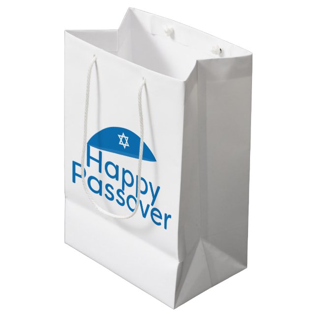 Blue Happy Passover Greeting with Kippah Medium Gift Bag (Front Angled)