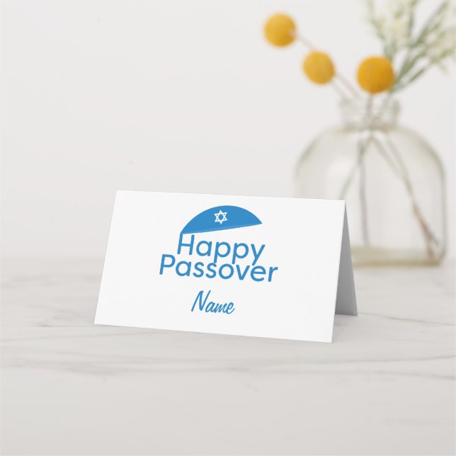Blue Happy Passover Greeting with Kippah Place Card (Front)