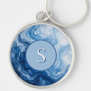 Blue Harmonious Flow Blue White Abstract Key Ring