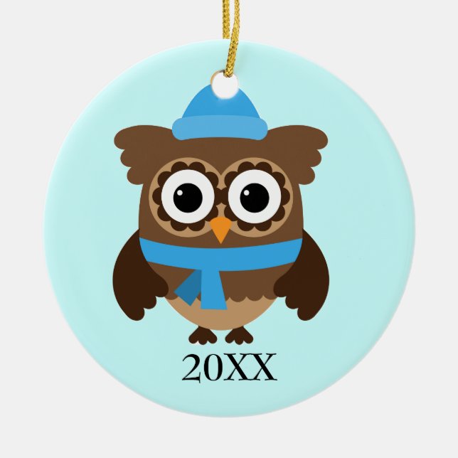 Blue Hat Owl with Blue Scarf Ornament (Front)