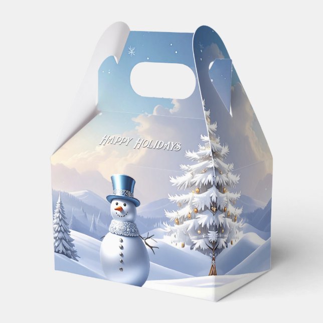 Blue Hat Snowman Christmas Tree Holiday Favor Box (Front Side)