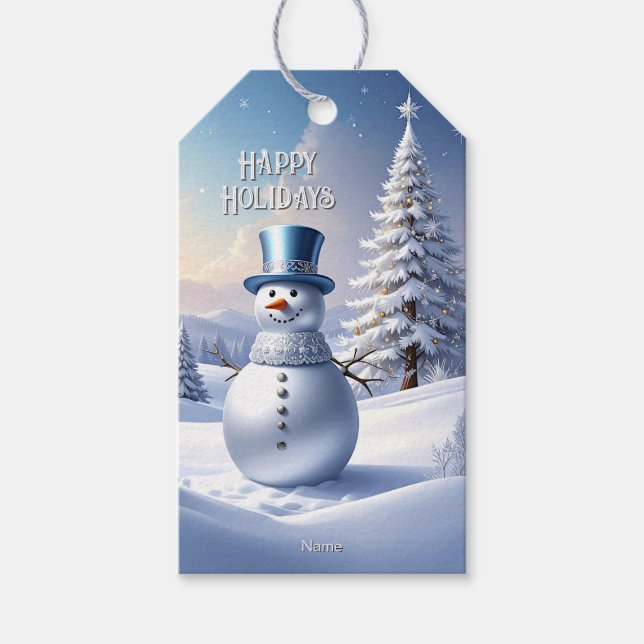 Blue Hat Snowman Christmas Tree Holiday Gift Tag (Front)