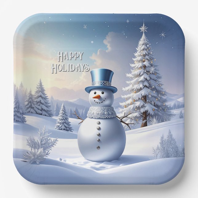 Blue Hat Snowman Christmas Tree Holiday Paper Plate (Front)