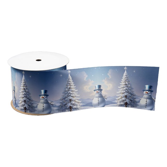 Blue Hat Snowman Christmas Tree Holiday Satin Ribbon (Spool)