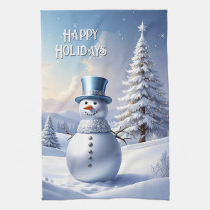 Blue Hat Snowman Christmas Tree Holiday Tea Towel