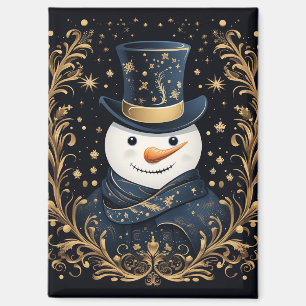 Blue Hat Snowman Gold Decorative Holiday Magnet