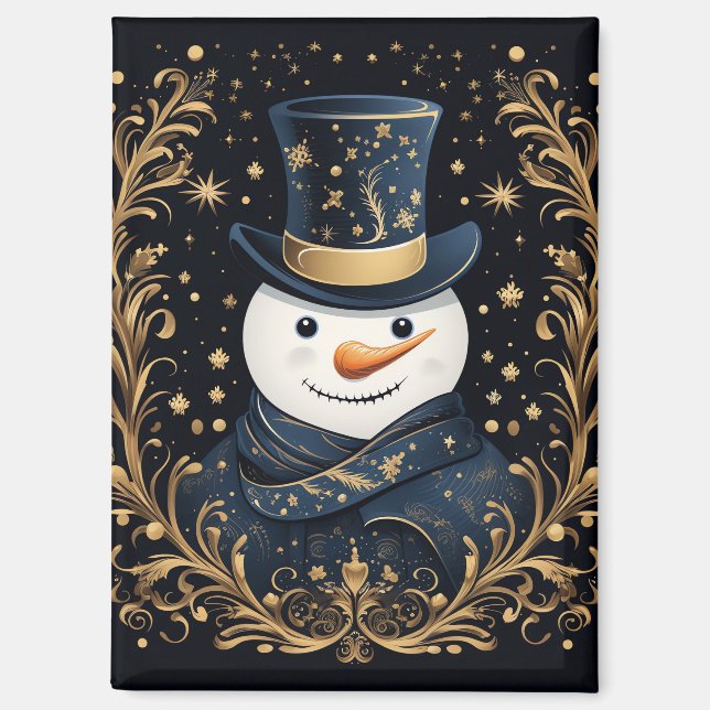 Blue Hat Snowman Gold Decorative Holiday Magnet (Front)