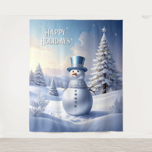 Blue Hat Snowman Holiday Backdrop Tapestry