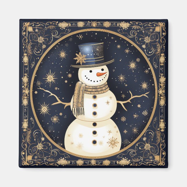 Blue Hat Snowman Holiday Magnet (Front)