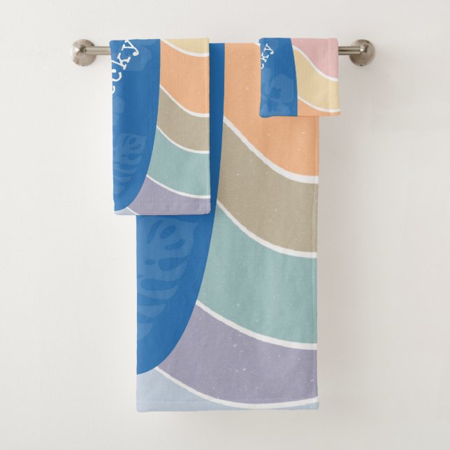 Blue Hawaii Surfboard on Pastel Waves Bath Towel Set (Insitu)