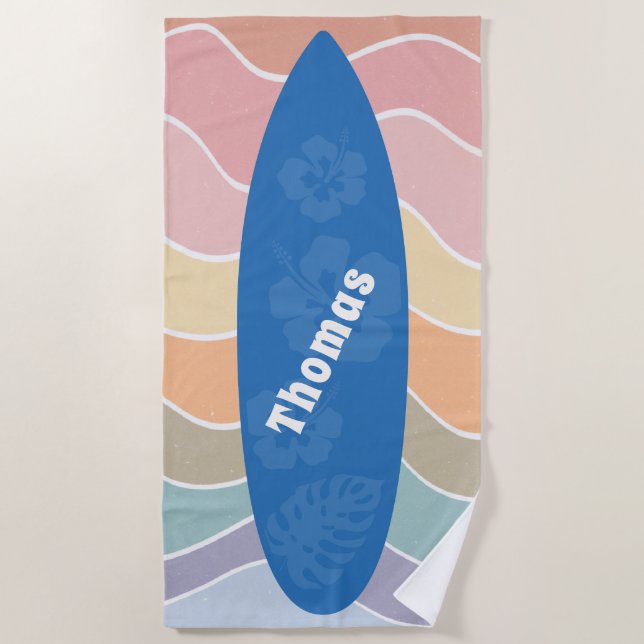 Blue Hawaii Surfboard on Pastel Waves Beach Towel (Front)