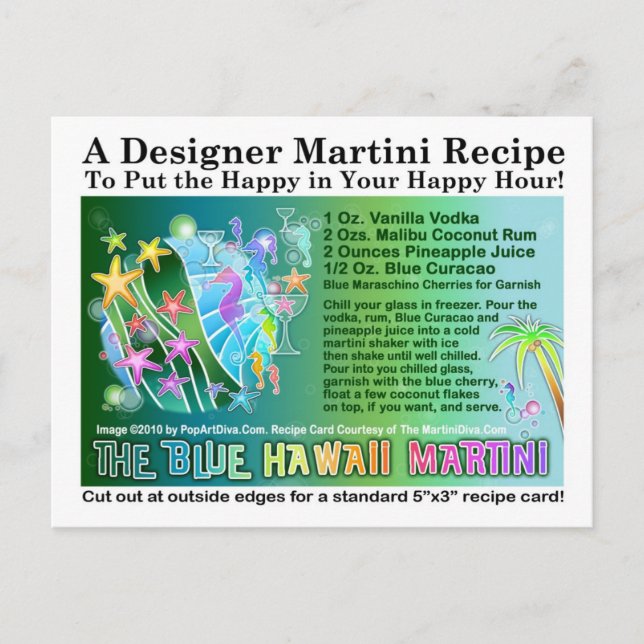 Blue Hawaii Tropical Martini Recipe Card Postcard (Front)