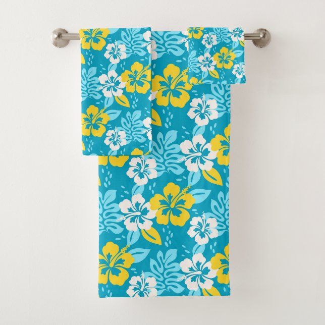 Blue Hawaiian Hibiscus Floral Pattern Bath Towel Set (Insitu)